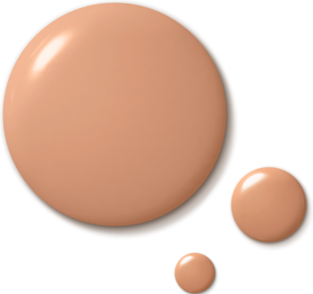 Trzy beżowe, lśniące krople podkładu Max Factor Miracle Pure 2 w 1 Skin Reset, na brązowym tle, widok z góry.