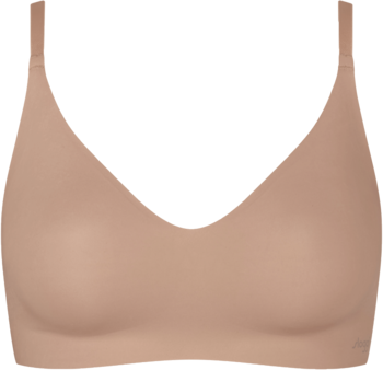 Gładka beżowa braletka z mikrofibry, widok z przodu. Bez fiszbin, regulowane ramiączka, szeroka opaska pod biustem.