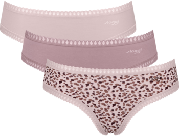 Trzy majtki hipster Sloggi Go Crush: jasnoróżowe, pudrowy róż i w cętki, z koronkowym wykończeniem.