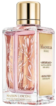 Flakon perfum Lancome Magnolia Rosæ z różowym płynem, złotą etykietą i ozdobnym, kwiatowym wzorem na szkle.