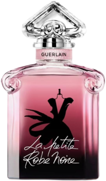 Guerlain La Petite Robe Noire Intense w różowo-czarnym flakonie, z sylwetką sukienki i srebrnym korkiem, widok z przodu.