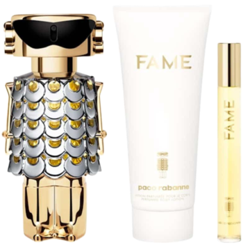 Zestaw Fame Paco Rabanne: złoty flakon-robot, biały balsam do ciała, mała perfumka, widok z przodu.