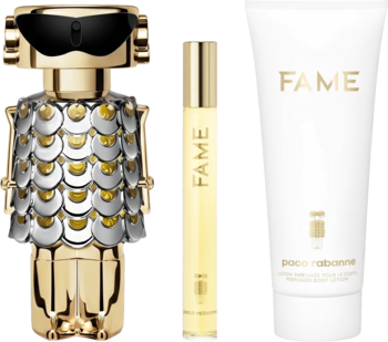 Zestaw Fame Paco Rabanne: złoty flakon-robot perfum, roll-on i biały balsam do ciała, widok z przodu.