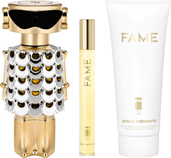 Zestaw Paco Rabanne Fame: złoty flakon 80ml w kształcie robota, perfumy 10ml spray, biały balsam do ciała 100ml.