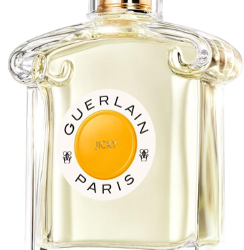 Guerlain Jicky, butelka perfum z przodu. Przezroczyste szkło, złota nakrętka, biała etykieta z pomarańczowym kołem i pszczołami.