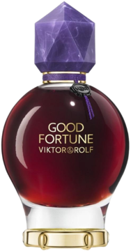 Perfumy Good Fortune Elixir Intense w bordowej butelce z fioletowym, kryształowym korkiem, widok z przodu.