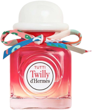 Perfumy Hermès Tutti Twilly D'Hermes w różowo-pomarańczowej butelce z białą nakrętką i kolorową wstążką.