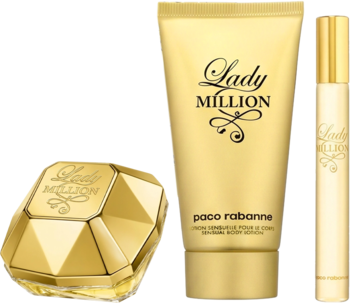 Złoty zestaw Paco Rabanne Lady Million: fasetowana butelka perfum, balsam i perfumetka na czarnym tle.