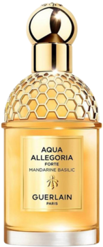 Guerlain Aqua Allegoria Forte Mandarine Basilic w bursztynowej butelce ze złotym miodowym wzorem, widok z przodu.