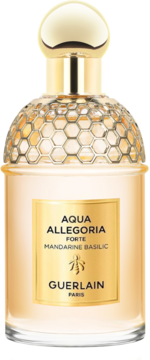 Guerlain Aqua Allegoria Mandarine Basilic, butelka perfum z miodowym płynem, złotą nakrętką i wzorem plastra miodu.