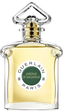Guerlain Jardins de Bagatelle, klasyczny flakon perfum, żółty płyn, sercowaty korek, biała etykieta, widok z przodu.