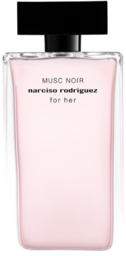 Narciso Rodriguez For Her Musc Noir woda perfumowana w eleganckiej, różowej butelce z czarną nakrętką, widok z przodu.