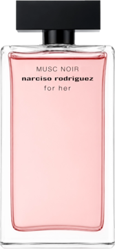 Narciso Rodriguez For Her Musc Noir woda perfumowana, różowa butelka z czarnym korkiem, widok z przodu.