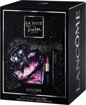 Czarne, brokatowe pudełko Lancôme La Nuit Tresor z perfumami 50ml, szminką i mini tuszem, widok z przodu.