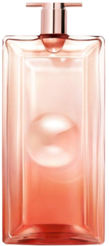 Lancome Idole Now perfumy: smukła butelka z różowo-złotą nakrętką, jasnoróżowym płynem i okrągłym wcięciem, widok z przodu.