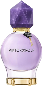 Fioletowy perfum Viktor & Rolf Good Fortune, okrągła butelka z kryształową nakrętką, widok z przodu.