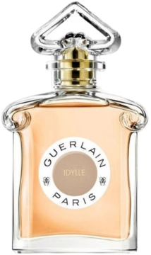 Damskie perfumy Guerlain Idylle w eleganckiej szklanej butelce o klasycznym kształcie z okrągłą etykietą i złotym korkiem, widok z przodu.