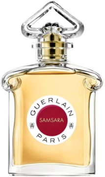 Guerlain Samsara woda perfumowana dla kobiet, złota butelka z czerwoną etykietą, widok z przodu.