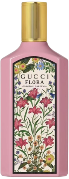 Gucci Flora Gorgeous Gardenia, różowa butelka z kwiatową etykietą i złotą nakrętką, widok z przodu.