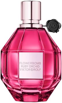 Zapach Flowerbomb Ruby Orchid Viktor&Rolf, fasetowany flakon w odcieniu rubinu, biała etykieta, z przodu.