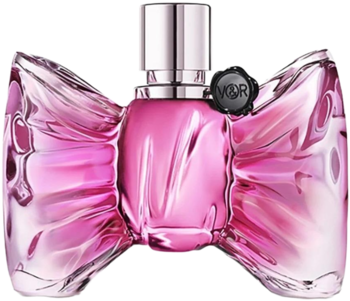 Perfumy Bonbon Viktor & Rolf, różowy flakon w kształcie szklanej kokardki, srebrna nakrętka, widok z przodu.