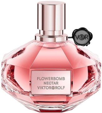 Różowe perfumy Viktor & Rolf Flowerbomb Nectar w fasetowanym flakonie z miedzianym korkiem i czarną pieczęcią.