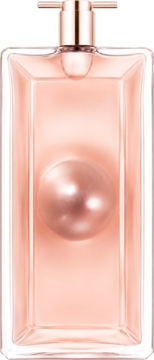 Lancome Idôle Aura EDP, perfumy kwiatowo-drzewne, płaska różowa butelka z perłową kulą w środku, z przodu.