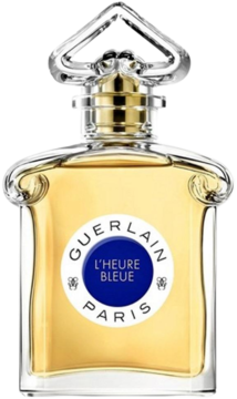 Flakon Guerlain L'Heure Bleue, orientalno-kwiatowa woda perfumowana, złoty płyn, niebieska etykieta. Widok z przodu.