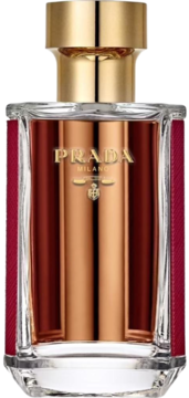 Prada La Femme Intense, prostokątna butelka perfum z miedzianym płynem, złotą nakrętką i czerwonymi bokami.