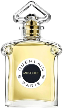Guerlain Mitsouko woda perfumowana dla kobiet, szklana butelka z bursztynowym płynem i etykietą "Mitsouko".