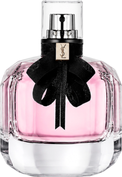 Perfumy YSL Mon Paris w fasetkowanej butelce z różowym płynem i czarną kokardą, widok frontalny.