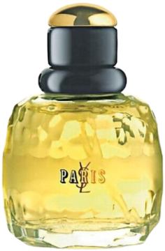Yves Saint Laurent Paris woda perfumowana, żółta butelka z teksturowanego szkła, czarno-złota nakrętka, napis PARIS.