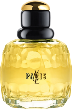 YSL Paris woda perfumowana, żółta butelka z teksturą, kwiatowy zapach, czarny korek, widok z przodu.