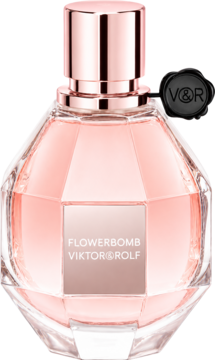Perfumy Flowerbomb Viktor&Rolf w różowym, fasetowanym flakonie w kształcie granatu z etykietą w kolorze różowego złota.