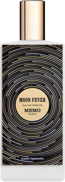 Flakon Memo Paris Moon Fever EDP, biały z czarną etykietą ze złotymi, srebrnymi wirującymi liniami. Widok z przodu.
