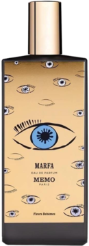 Memo Paris Marfa woda perfumowana, czarna butelka z beżową etykietą z motywem oczu, złota nakrętka, przód.