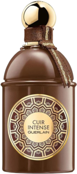 Guerlain Les Absolus d’Orient Cuir Intense, brązowa butelka perfum ze złotą nakrętką i ozdobną etykietą, widok z przodu.
