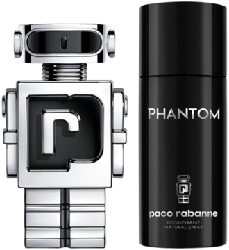 Paco Rabanne Phantom: srebrny flakon w kształcie robota z literą P i czarny dezodorant w sprayu, widok z przodu.