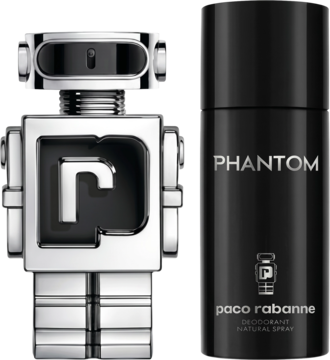 Zestaw Paco Rabanne Phantom: metaliczny flakon EDT w kształcie robota i czarny dezodorant w sprayu na czarnym tle.