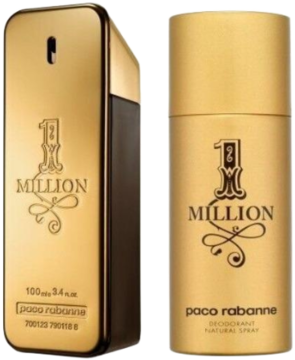 Zestaw Paco Rabanne 1 Million Men: złota woda toaletowa w flakonie-sztabce i dezodorant w sprayu.