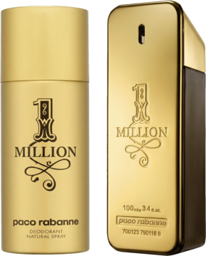 Zestaw Paco Rabanne 1 Million: złota woda toaletowa w kształcie sztabki i dezodorant w sprayu, widok z przodu.