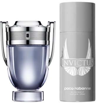 Paco Rabanne Invictus zestaw: flakon EDT w kształcie srebrnego pucharu i szary dezodorant, widok z przodu.