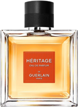 Męskie perfumy Guerlain Héritage w kwadratowej butelce z bursztynowym płynem i czarnym korkiem, widok z przodu.