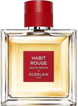 Guerlain Habit Rouge Eau de Parfum dla mężczyzn w szklanej butelce z czerwoną etykietą i teksturowaną nakrętką.