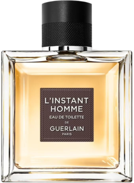 Bursztynowa butelka perfum Guerlain L'Instant Homme Eau de Toilette z ciemną etykietą i korkiem, widok z przodu.