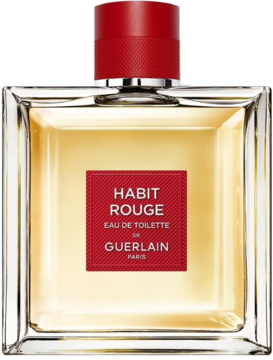 Guerlain Habit Rouge woda toaletowa, prostokątna butelka z bursztynowym płynem, czerwona nakrętka i etykieta.