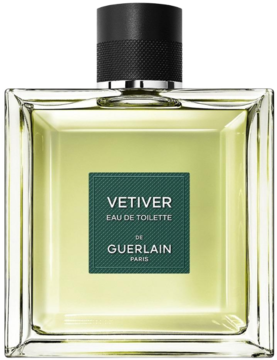 Męska woda toaletowa Guerlain Vetiver EDT, jasnożółty płyn w kwadratowej butelce z zieloną etykietą, widok z przodu.