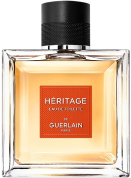 Męskie perfumy Guerlain Heritage EDT w szklanej butelce z bursztynowym płynem i pomarańczową etykietą, widok przodem.