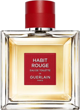 Guerlain Habit Rouge woda toaletowa męska, przezroczysta butelka z czerwoną etykietą i prążkowaną nakrętką, widok z przodu.