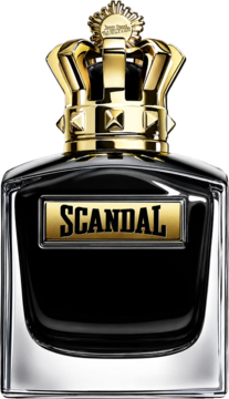 Perfumy męskie Scandal Pour Homme Le Parfum w czarnym flakonie ze złotą koroną i logo JPG, widok frontalny.